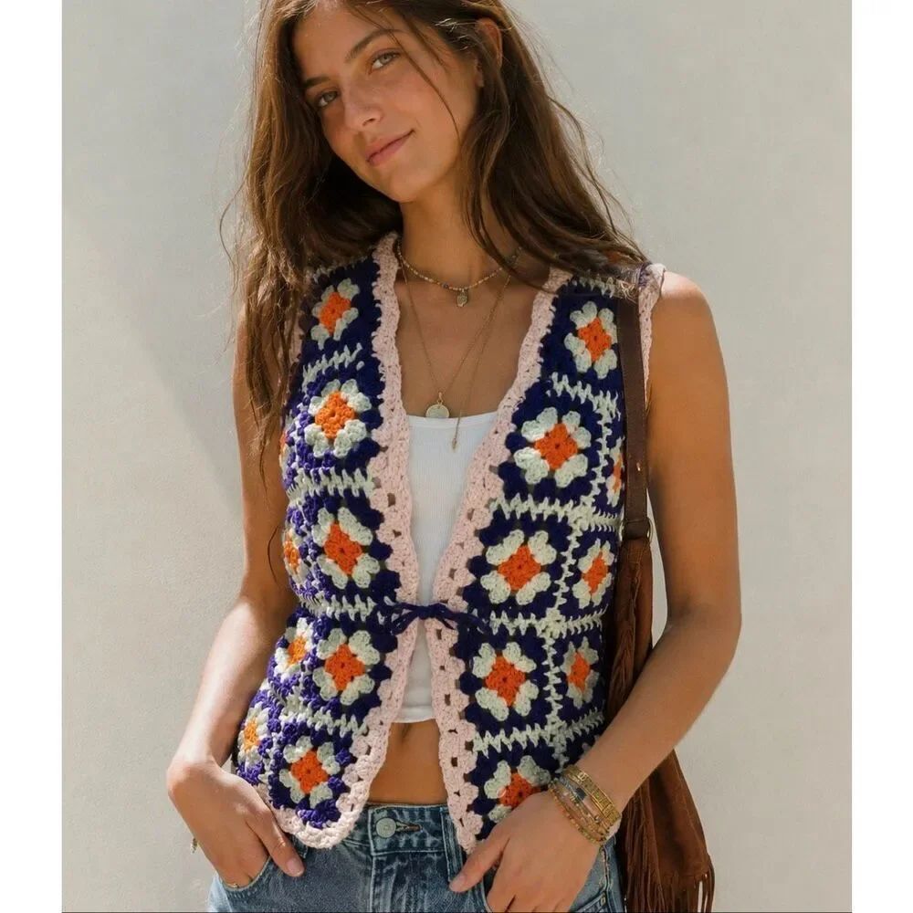 Vintage 70s Style Handmade Crochet Granny Square Vest Boho Hippie Festival Top